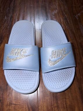 Nike Light Blue and White Slide Sandals with Crystal Swoosh W Size 8
